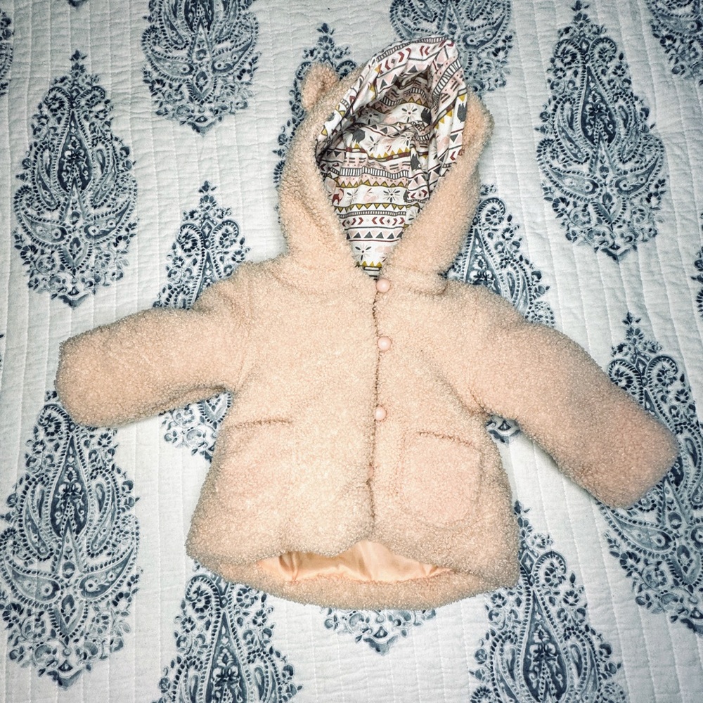 Max Studio Baby Sherpa Faux Fur Jacket 3-6M Pink Good Bear Ear Hooded‎ Coat